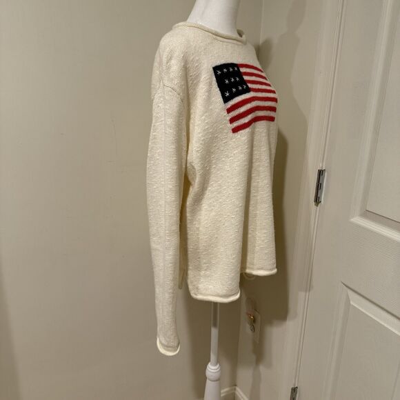 Denim & Co Sz L Ivory USA Star Antique Flag Art-to-Wear Sweater - Picture 6 of 9